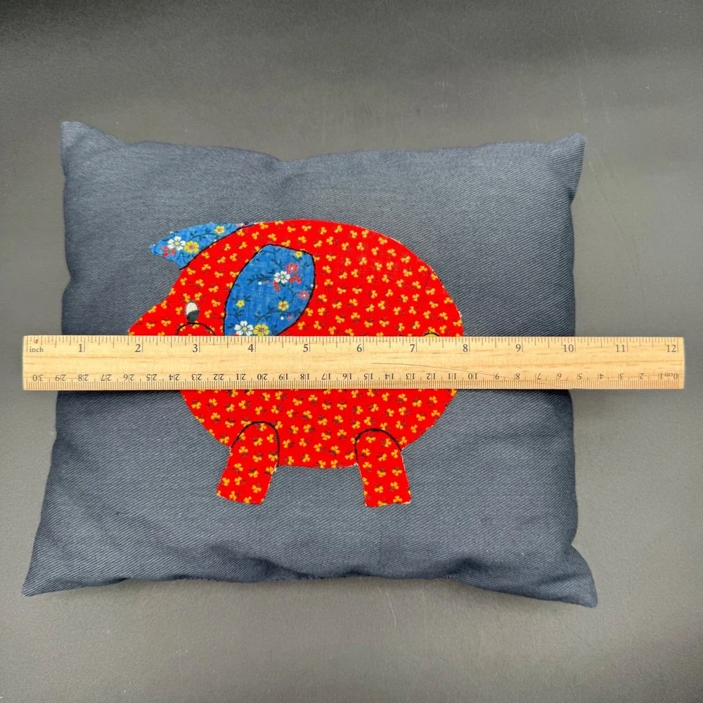 Vintage Handmade Pig Applique Throw Pillow Cottage Farmhouse Red Floral Denim